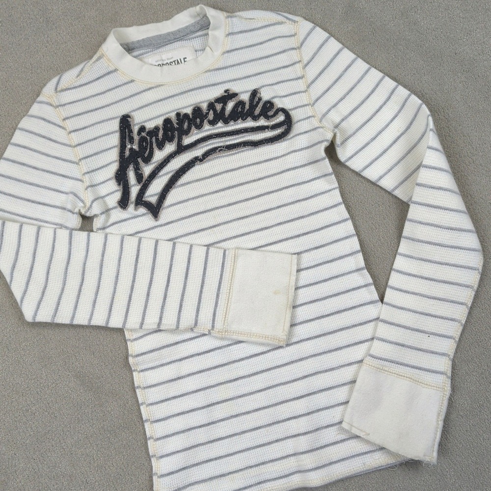 Aeropostale XS Thermal Shirt White Grey Striped Long Sleeve Waffle Knit Y2K Logo